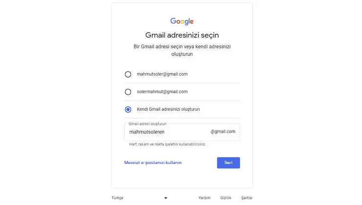 gmail hesap adı seçme